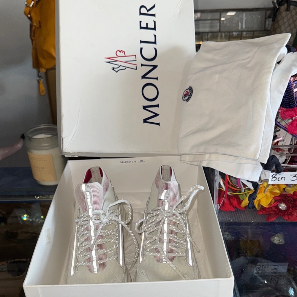 Moncler White and Red Monte Runner High Top Sock Sneakers